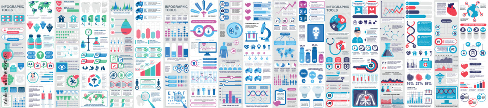Poster Mega set of medical infographic elements data visualization vector design template. Can be used for steps, options, workflow, diagram, flowchart, timeline, marketing. Bundle medicine info graphics.