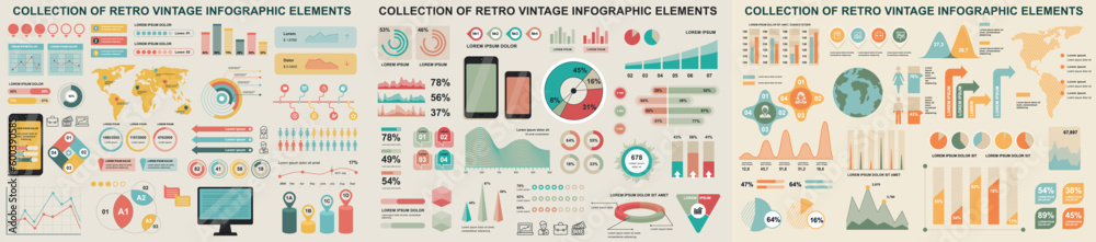 Poster Mega set of vintage infographic elements data visualization vector design template. Can be used for steps, options, workflow, diagram, flowchart, timeline, marketing. Bundle retro info graphics.