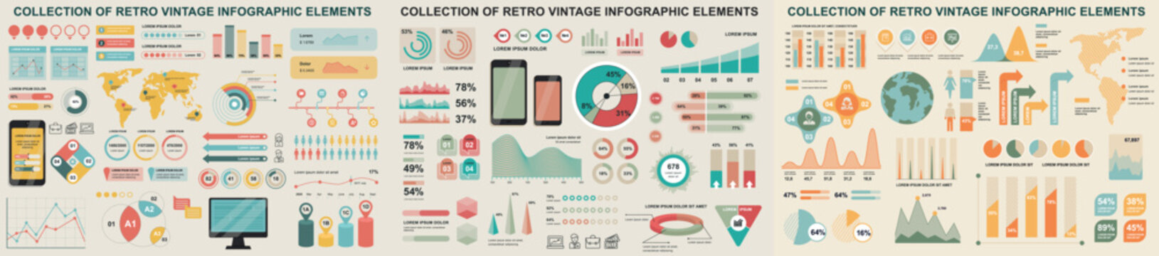 Mega set of vintage infographic elements data visualization vector design template. Can be used for steps, options, workflow, diagram, flowchart, timeline, marketing. Bundle retro info graphics.