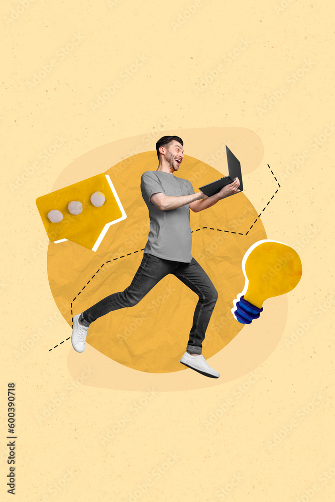 Poster collage of funny young man run with netbook receive messages from partners startup owners eureka inv