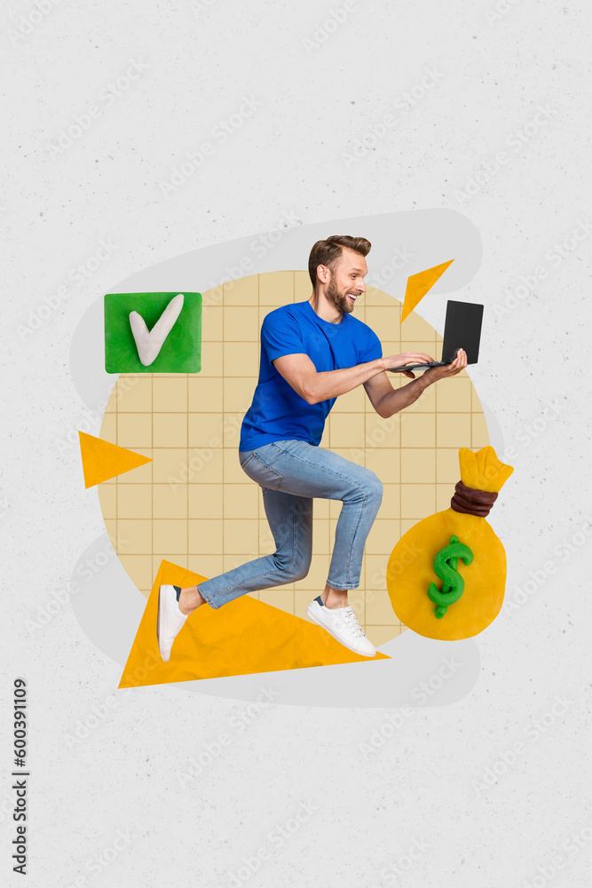 Poster collage 3d pinup pop retro sketch image of purposeful guy earning dollars modern gadget isolated pai