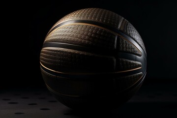 Half-turned view of a rubber basketball ball with black and gold colors. Generative AI