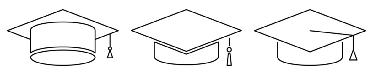Graduation outline hat icons. Vector illustration isolated on transparent background