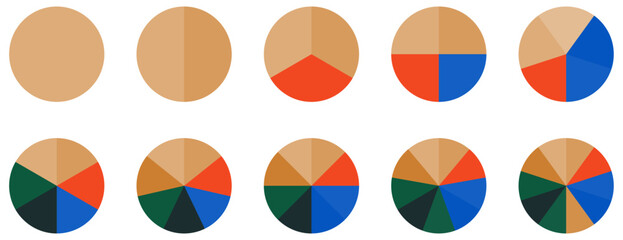 Set of circle pie chart signs. Colorful diagram with 10 sections. Vector illustration - obrazy, fototapety, plakaty