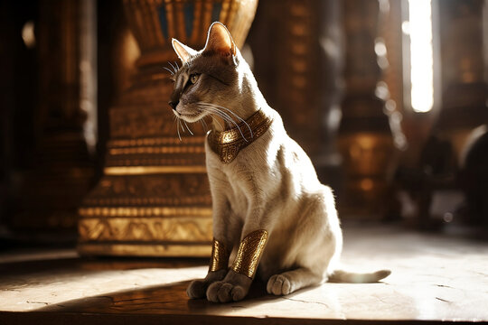 Cat with golden ornaments in Egypt temple. Generative AI illustration