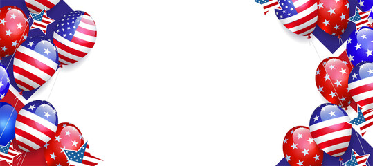 Design with balloons with elements of the flag of America, round white frame.