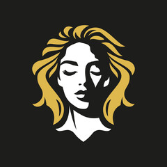 Elegant woman face with golden hair outline silhouette fashion logo for beauty salon vector flat
