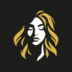 Cute romantic blonde woman face shadow art silhouette logo for beauty salon vector flat
