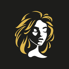 Romantic blonde female portrait art shadow silhouette logo for cosmetology stylist vector flat