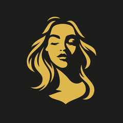 Romantic female face long hair golden minimalist shadow silhouette logo for beauty salon vector flat