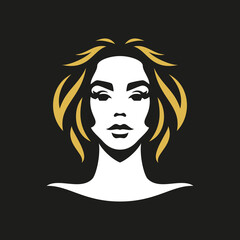 Fashion beautiful young woman face with golden hair minimalist silhouette beauty logo vector flat