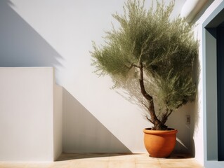 Mediterranean minimal wall and plant exterior architecture. AI generative