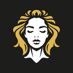 Beautiful woman face golden hair style fashion minimalist logo for skin care vector flat