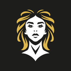 Strong fashion woman face with golden hair minimalist makeup beauty logo vector flat