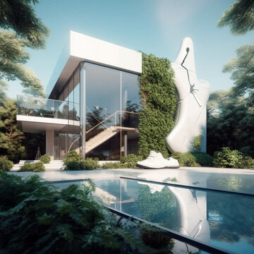 Casa lujosa futurista con piscina y plantas