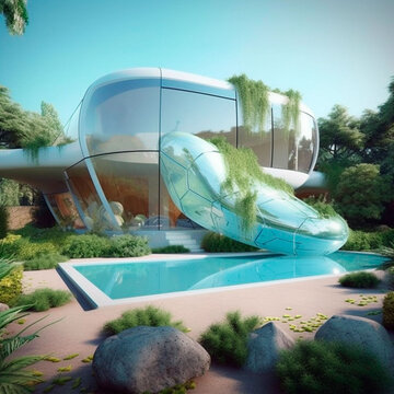 Casa lujosa futurista con piscina y plantas