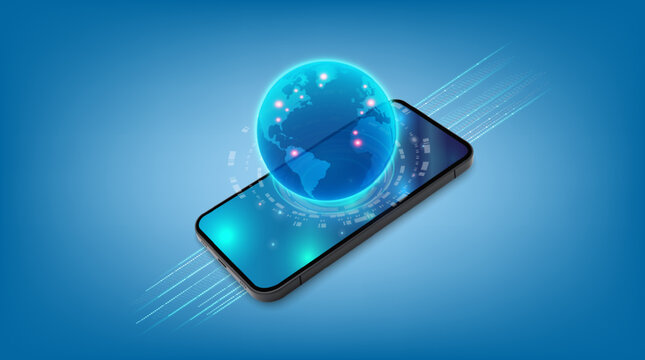 Mobile global communications. World wide web on phone via wireless satellite network technology. Smartphone digital connection at clouds services of all earth. Holographic abstract interface.