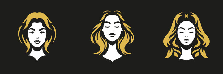 Young blonde woman beauty portrait golden long hair logo for coiffure hairdresser set vector flat