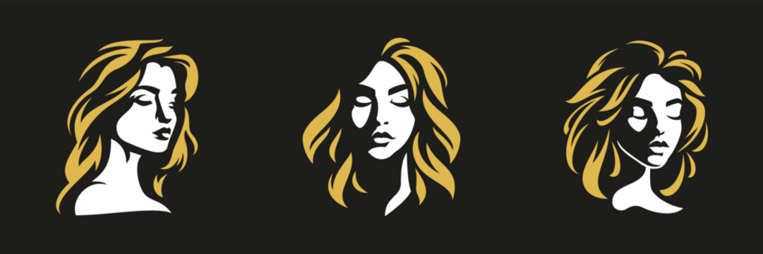 Romantic woman face hair minimalist silhouette art logo for coiffure beauty salon set vector flat