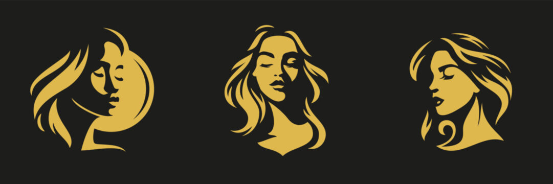 Romantic woman portrait golden silhouette face logo for cosmetic beauty skin care set vector flat