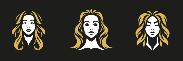 Beautiful woman face blonde long hair style minimalist silhouette fashion logo set vector flat