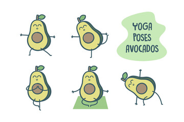 Hand drawn cute avocados different yoga poses and exercises