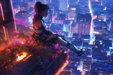Cyberpunk Girl overlooking a neon futuristic city, Anime, Character Design, Concept Art, Beautiful Girl, Generative AI