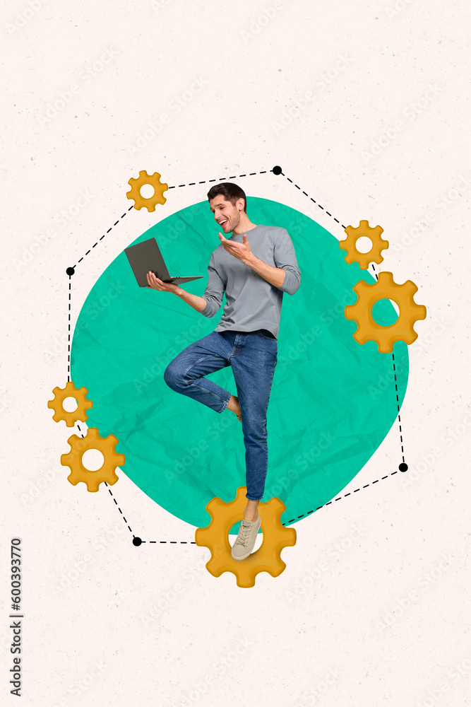 Poster vertical collage photo of young manager guy netbook technical support developer speak colleagues con