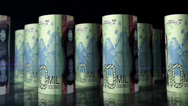 Costa Rica money Costa Rican Colon money rolls loop 3d animation. Camera moving in front of the CRC rolling banknotes. Seamless loopable concept of economy, finance, business and debt.