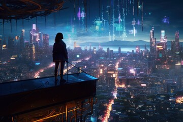 Cyberpunk Girl overlooking a neon futuristic city, Anime, Character Design, Concept Art, Beautiful Girl, Generative AI