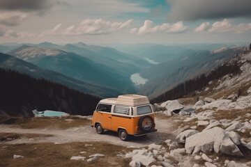 Obraz na płótnie Canvas A Campervan Adventure in Mountain Scenery. Campervan journeying through the majestic mountains, with breathtaking natural scenery. Ai generated