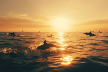 Leap of Freedom: Dolphins Jumping out of the Ocean at Sunset. Ai generated