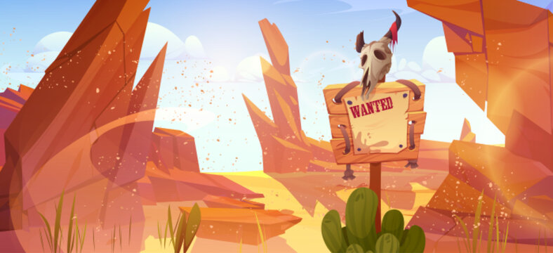 Western desert cowboy wanted sign vector landscape. Wooden game warning board with paper cartoon illustration with animal skull. Search billboard poster on pole in Texas storm wild nature scene.