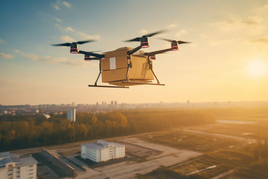 Delivery by Air: A Drone Carrying a Package Ready for Delivery. Ai generated