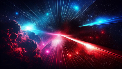 Vibrant cosmic background with colorful red and blue laser lights, Generative AI