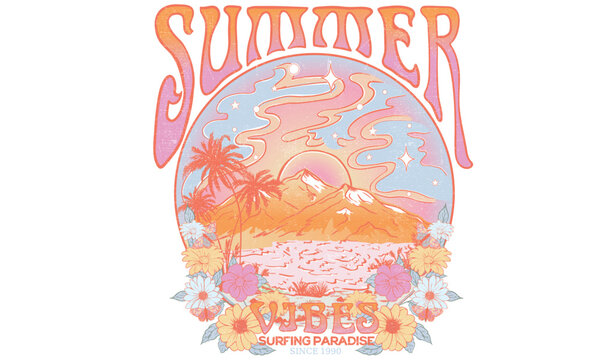 Summer vibes vector print design for t shirt and others. Beach graphic print design for apparel, stickers, posters and background. flower and sun artwork. Colorful sky. abstract.