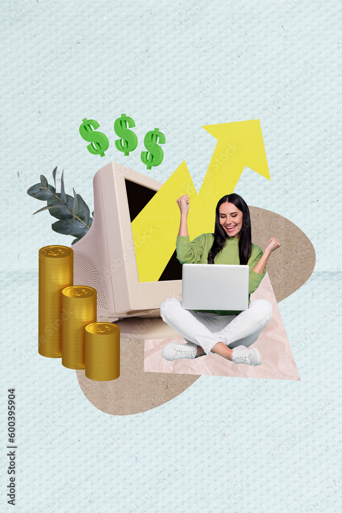 Poster creative abstract template graphics collage image of lucky lady winning cash device isolated teal co