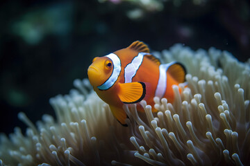 Tropical sea corals and clown fish (Amphiprion percula). Generative AI - obrazy, fototapety, plakaty