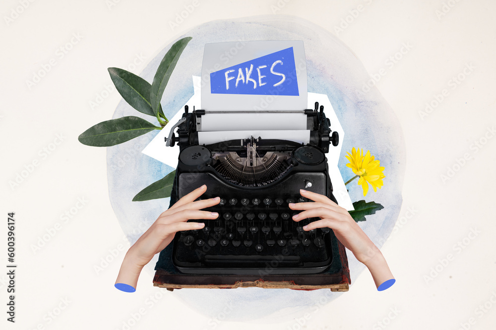 Fototapete creative abstract template graphics collage image of arms typewriter writing fakes isolated white co