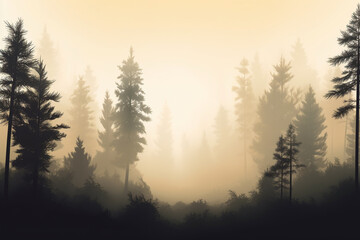 Pine Foggy Forest with a Mysterious Vibe. Misty forest of pine trees enveloped in fog, evoking a sense of mystery and intrigue. Ai generated