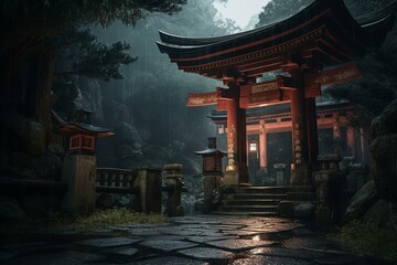 Digital artwork of a rain-soaked torii gate that looks ancient and fantastical. Generative AI