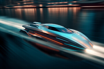 Obraz premium Futuristic electric speedboat cutting through the waves with motion blur, conveying a sense of speed and power. Ai generated