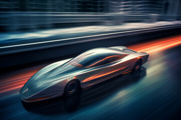 Fototapeta na wymiar Futuristic electric speedboat cutting through the waves with motion blur, conveying a sense of speed and power. Ai generated