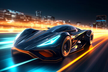Obraz na płótnie Canvas Futuristic Sport Car with Light Trails depicting speed and the beauty of modern design. Ai generated