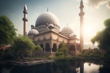 Fototapeta na wymiar A lifelike background featuring an Islamic mosque. Generative AI