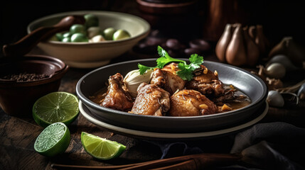 Chicken Adobo - Filipino chicken stew with vinegar and soy sauce. Generative AI Art Illustration