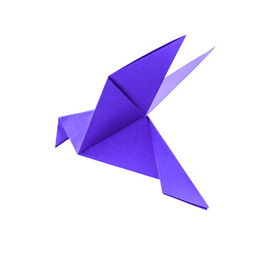 Purple paper dove origami isolated on a white background