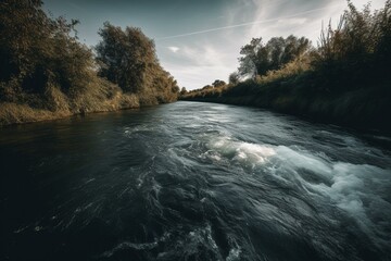 Wide view of flowing waterway. Generative AI