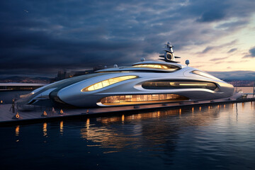 Fototapeta na wymiar A Modern Futuristic Luxury Yacht in a Port at Sunset showcasing the opulence and sophistication of high-end marine design. Ai generated
