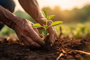 Concept of regenerative agriculture, farmer planting plant in soil, generative ai